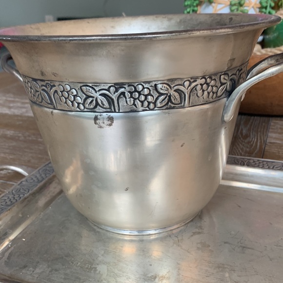 Pottery Barn silver 2 pc LOT SET grape/leaf serving tray and ice bucket GUC - Picture 2 of 15